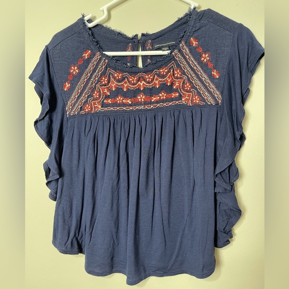 American Eagle Outfitters Navy Blue Embroidered Flutter Sleeve Blouse